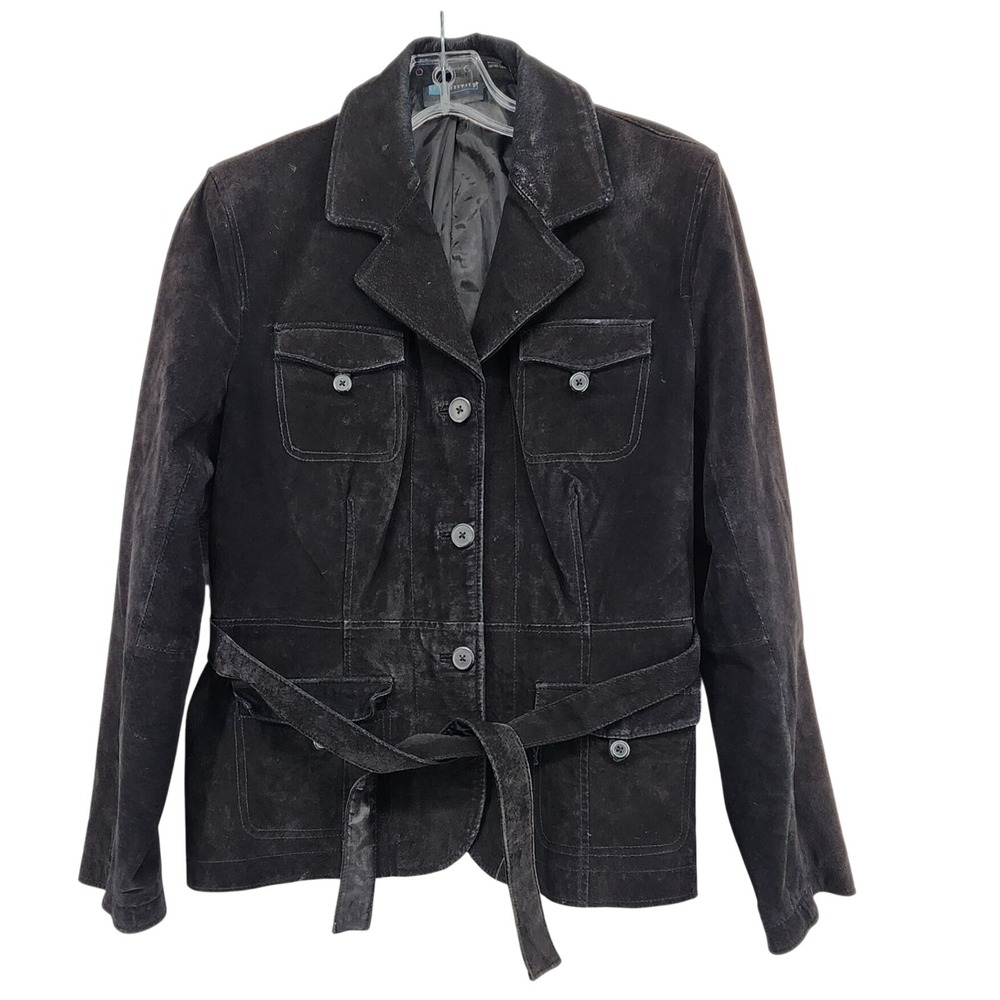 Relativity Large Black Genuine Suede Leather Belted Safari Field Jacket Boho 90s